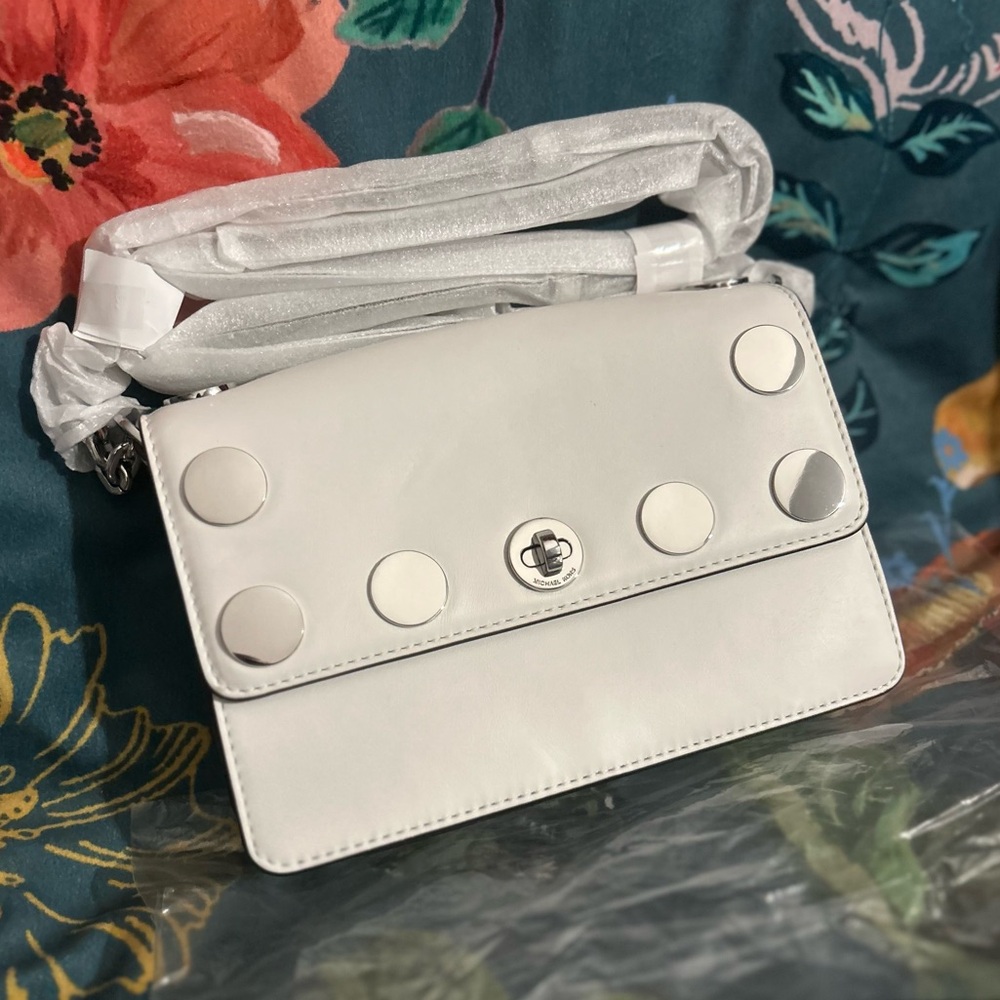 Brand New Michael Kors Rivington Stud Crossbody- Optic White w/ Silver Hardware